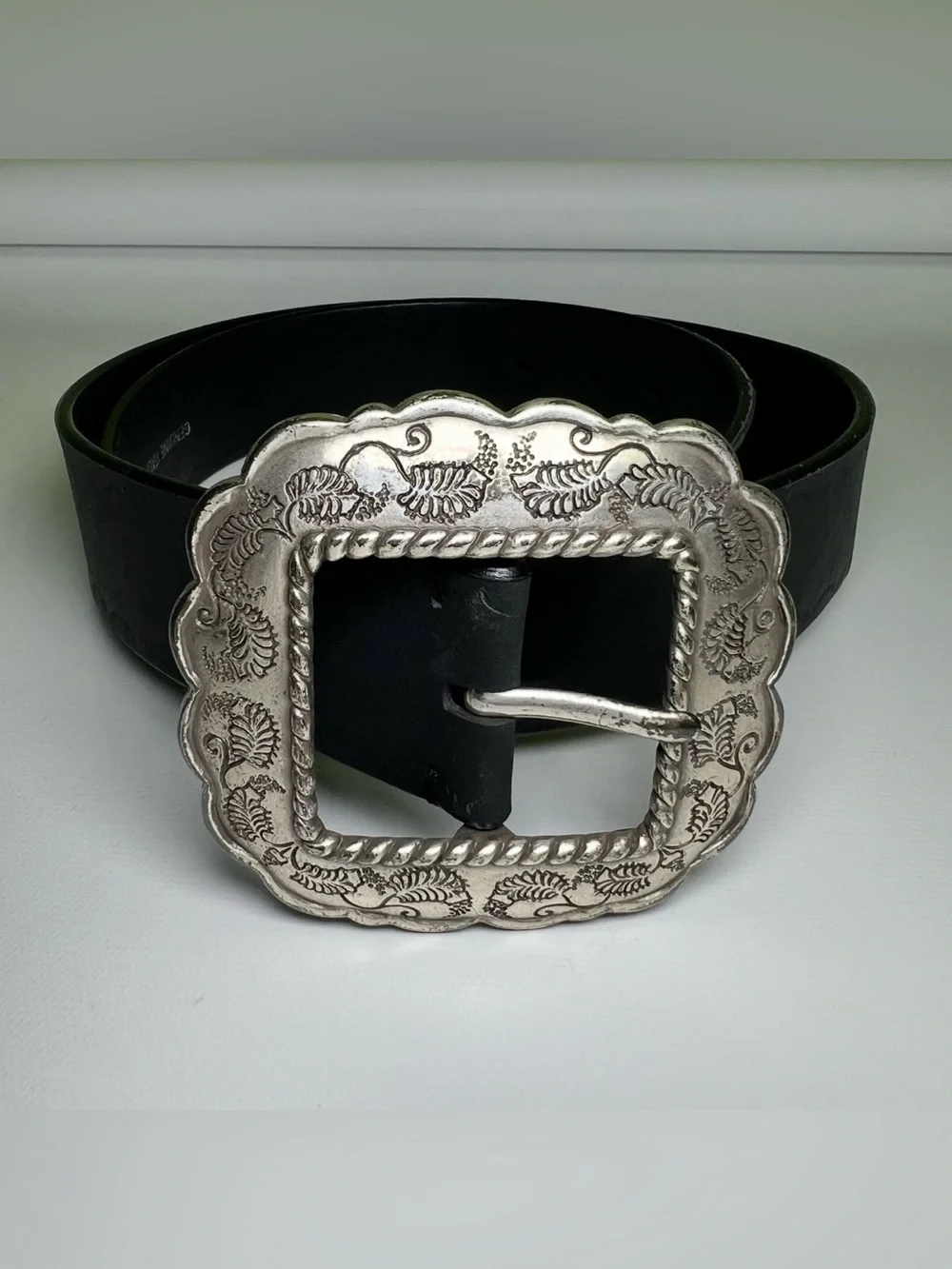 Silpada Italian Leather Black Belt Engraved Silver Western Buckle XL